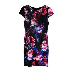 Betsey Johnson Sheath Dress Womens Size 8 Black Pink Purple Abstract Floral